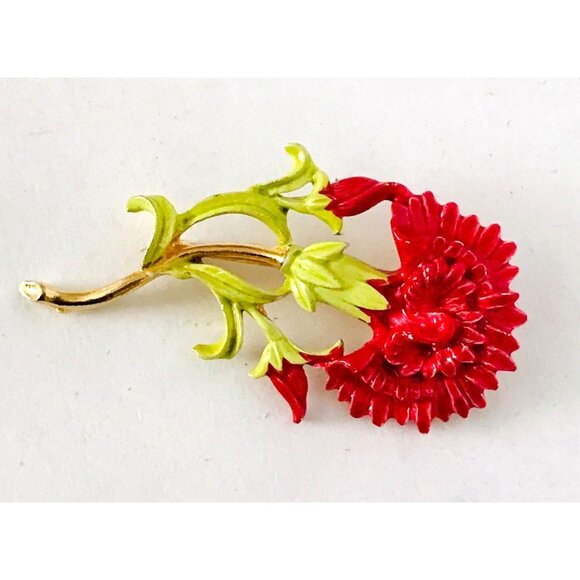 Rafaelian Signed Enameled Brooch Red Flower Gold Tone Vintage Pin - Picture 1 of 3